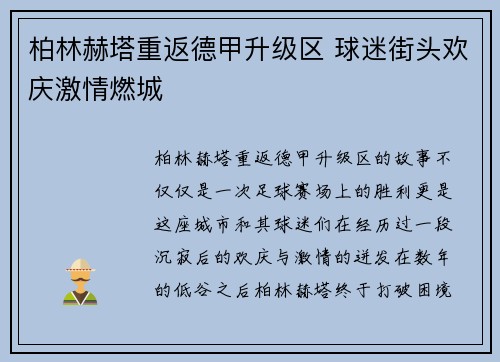 柏林赫塔重返德甲升级区 球迷街头欢庆激情燃城